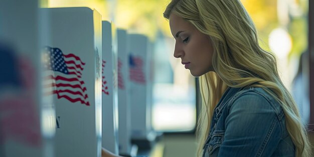 Zdjęcie young blonde woman casts votes at booths in polling station with us flag