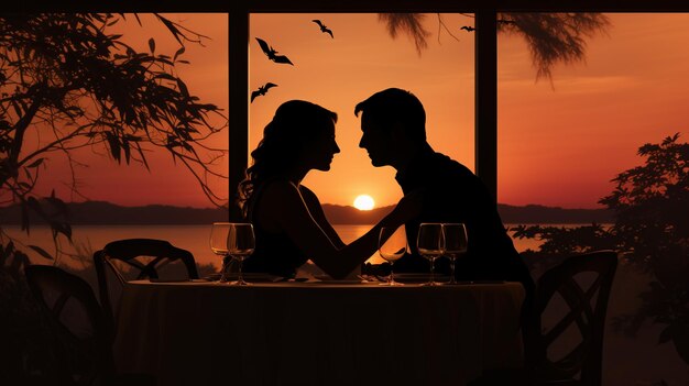 Zdjęcie young couple at restaurant having dinner silhouette generate ai