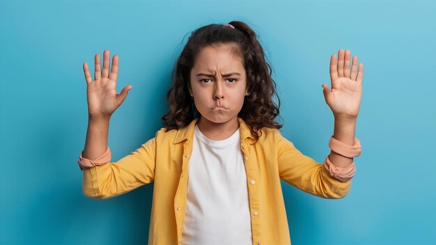 Zdjęcie young girl holding two arms crossed gesturing no sign in white t shirt yellow jacket and looking