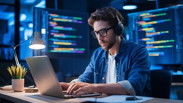 Zdjęcie young skilled computer programmer in eyewear typing on laptop testing code