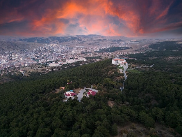 Yozgat miasto położone w środkowej Turcji Park Narodowy Yozgat sosnowego gaju zdjęcie lotnicze z drona