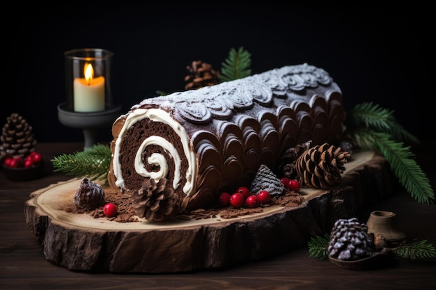 Yule log cake logshaped festiwalny deser z wypełnieniem kremem tradycyjny deser spożywczy