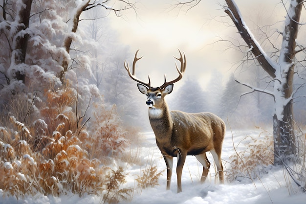 Yuletide Wilderness Grace AICreated Noble Male Deer Amidst Winter Snow