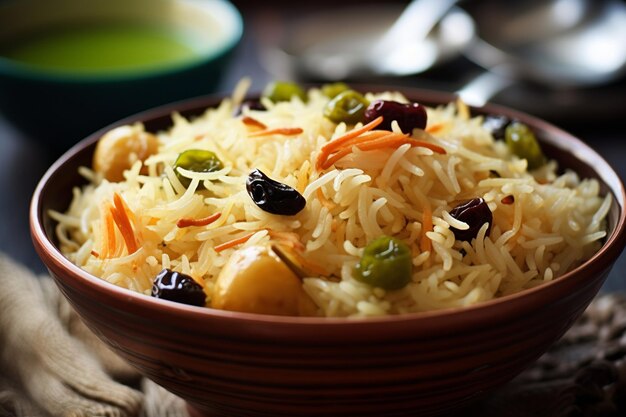 Yummy mutter pulao w misce odizolowanej na stole w tle