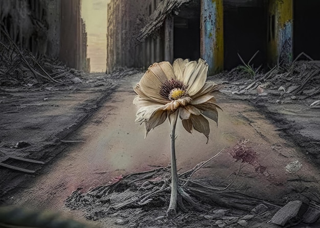 Zdjęcie z asfaltu wyrasta piękny kwiatek zniszczenia po wojnie życie i śmierć na tle strefy działań wojennych lub zbombardowanego miasta generacyjna ai