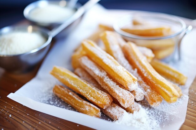 Zdjęcie z bliska churros z odciskem cukru w proszku