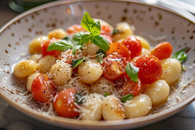 Zdjęcie z bliska domowe gnocchi z pomidorem i parmezanem