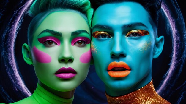 Z bliska dwie osoby w makijażu fluorescencyjnym