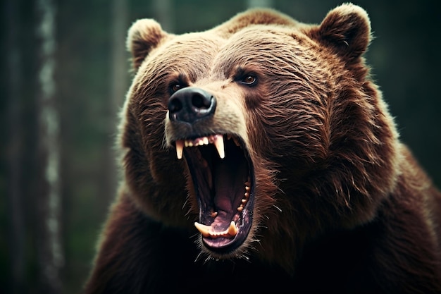Z bliska dziki niedźwiedź brunatny szczerząc zęby Generacyjna sztuczna inteligencja