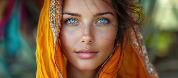Z bliska kobieta z niebieskimi oczami