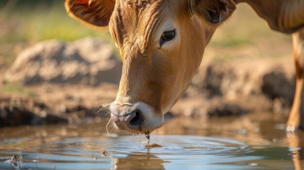 Z bliska krowa pijąca wodę z stawu