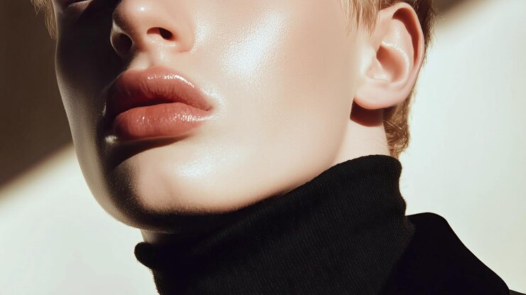 Z bliska młody model mężczyzny z ostrymi szczękami, nieskazitelną skórą, noszący czarny turtleneck, nowoczesny.