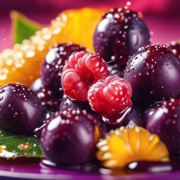 Zdjęcie z bliska na spryskane owoce acai w kolorowym tle koncepcja jagód