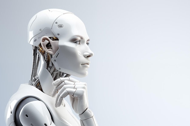 Z bliska portret białego humanoidalnego robota myślącego i dotykającego brody na futurystycznym białym tle Sztuczna inteligencja Komputer kwantowy Wygenerowane AI