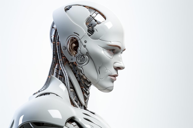 Z bliska portret białego humanoidalnego robota na futurystycznym białym tle Sztuczna inteligencja Komputer kwantowy Wygenerowana sztuczna inteligencja