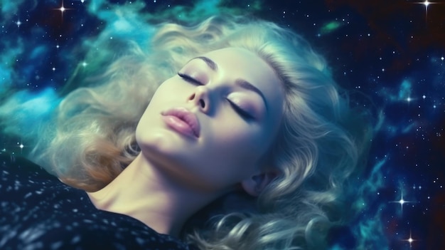 Z bliska portret kobiety śpiącej w przestrzeni kosmicznej z mgławicą gwiezdną galaktyką Generative AI image weber
