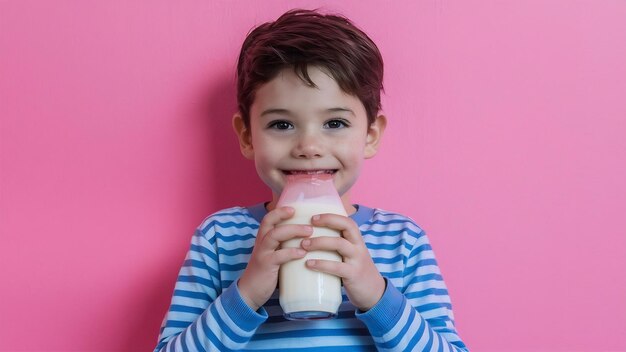 Z bliska portret uśmiechnięty uroczy chłopiec uroczy pijący białe pełne mleko na różowej ścianie