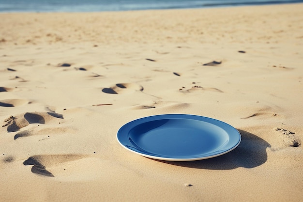 z bliska pusty talerz w stylu marynarza na piasku plaży