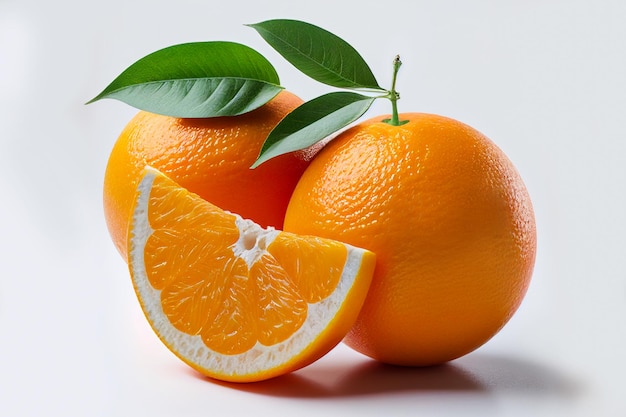 Z bliska pyszna pomarańcza z przeciętymi na pół i zielonymi liśćmi izolowanymi na białym tle. witamina C