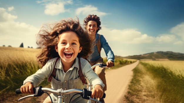 Z bliska radosna dziewczyna prowadząca rodzinę na przygodę rowerową otoczona spokojem natury