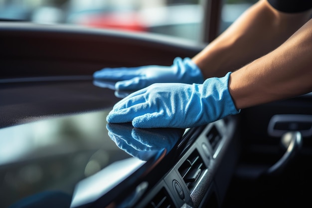 Z bliska ręce mężczyzny w niebieskich rękawiczkach czyszczące wnętrze samochodu Ręka pracownika mężczyzny z bliska czyszcząca deskę rozdzielczą samochodu
