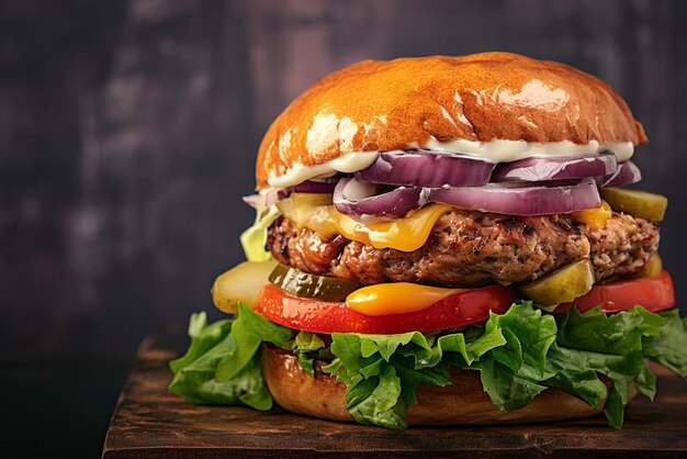 Z bliska spójrz na kuszący ręcznie wykonany hamburger na ciemnym tle