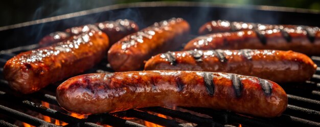 Z bliska świeże grillowane kiełbaski na grillu na zewnątrz w ogrodzie