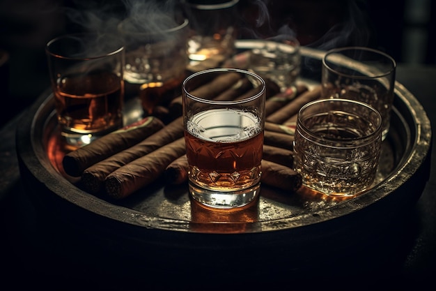 Z bliska tablicę z cygarami i whisky
