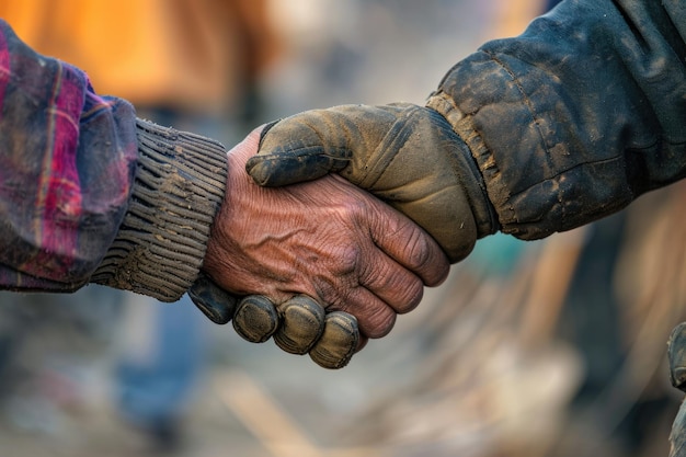 Z bliska uścisk ręki dwóch robotników na placu budowy