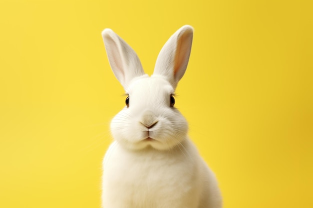 Z bliska widok białego królika na jasnożółtym tle koncepcja Wielkanocna