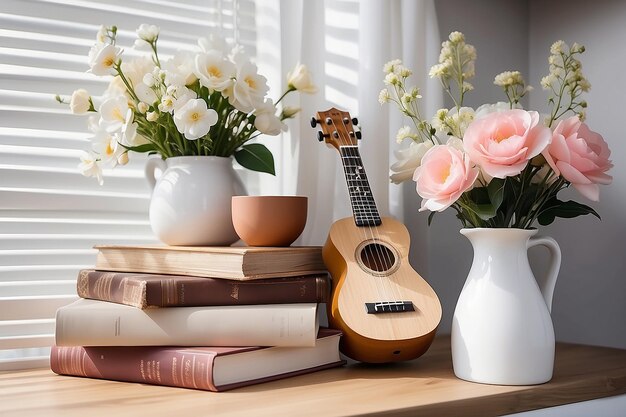 Zdjęcie z bliska widok boczny ukulele i książki z drewnianym domem i sztucznymi kwiatami w ceramicznym wazonie na półce z białymi roletami