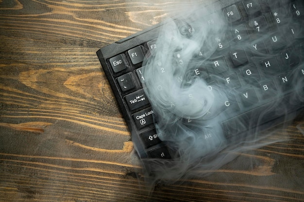 Z bliska widok klawiatury komputerowej z białym dymem