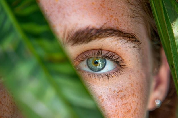 Z bliska widok niebieskiego oka kobiety z piegiami otoczonej zielonymi liśćmi w naturalnym świetle
