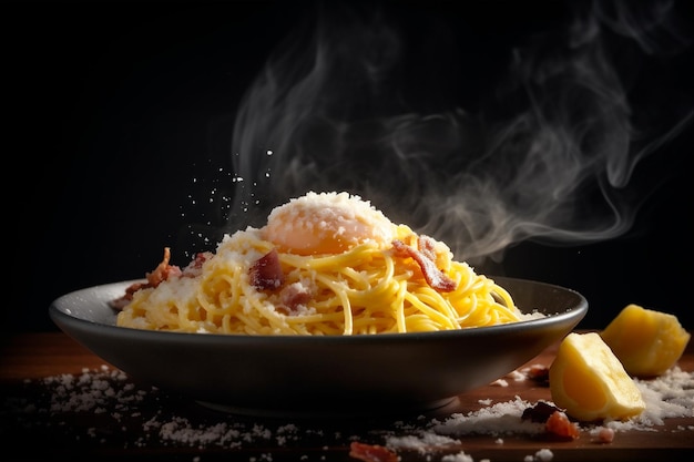 Z bliska widok parującej miski spaghetti carbonara z żółtkiem jaja parmezanem boczkiem generowanym ai