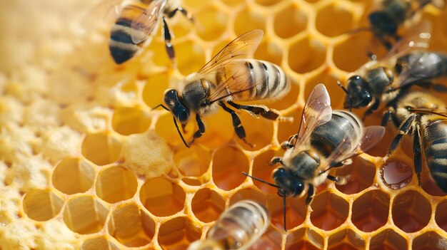 Z bliska widok pszczół pracujących na pszczołach
