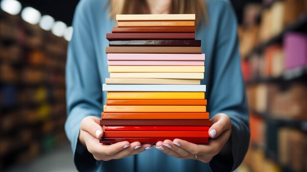 Zdjęcie z bliska widok rąk trzymających kolorowe okładki książek i białe cegły na tle