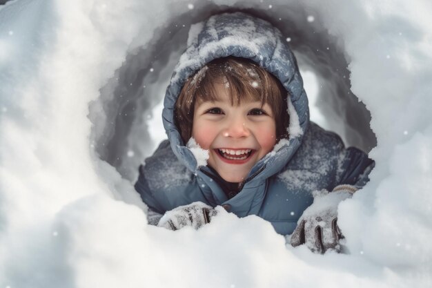 Z bliska zabawny szczęśliwy chłopiec bawiący się w śniegu miękkie zimne tło