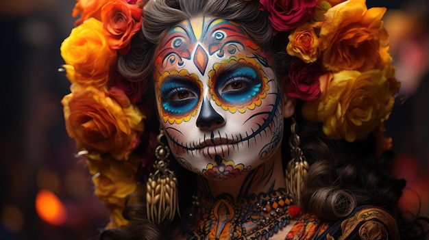 Z bliska zdjęcie kobiety w tradycyjnym stroju na Dzień Zmarłych i makijażu Dia de Muertos