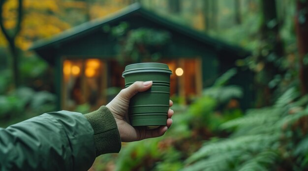 z bliska zdjęcie osoby trzymającej zieloną filiżankę kawy przed zielonym domem