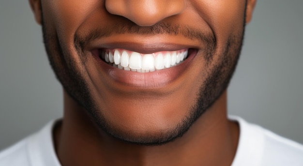 Z bliska zdjęcie z studia. Afrykański facet wskazuje palcem na biały, błyszczący, zębisty uśmiech.
