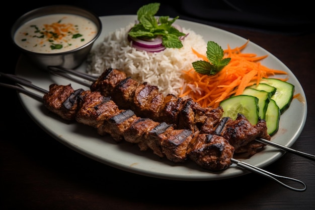 Z góry adana kebab z ryżem i smażonymi warzywami i naciętą cebulą i ayran