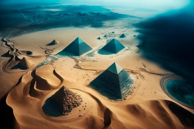 Z góry egipskie piramidy są niesamowite, stojąc jako starożytni strażnicy na tle rozległego pustynnego krajobrazu Generative AI