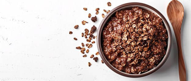 Z góry i z bliska zdjęcie czekoladowej owsianej mąki w misce na czystej białej powierzchni z dużą przestrzenią dla tekstu lub reklamy produktu Generatywna sztuczna inteligencja