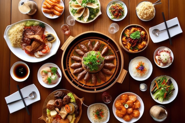 Z góry na białym drewnianym stole prezentowany jest azjatycki posiłek łączący kuchnię chińską i wietnamską