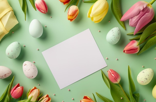 Z góry w dół widok jajek wielkanocnych i tulipanów wiosennych z pustym białym etykietem plakat zaproszenia wielkanocnego