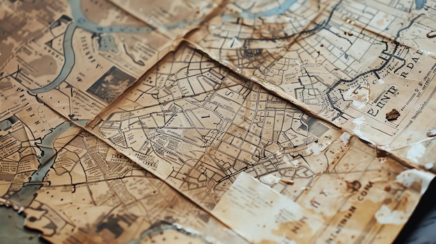 Z góry w dół widok kolekcji starych, rozdrobnionych i brudnych map, które leżą na drewnianym stole.