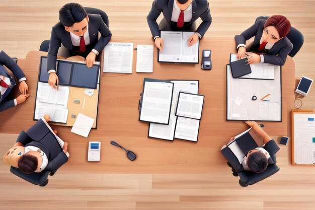 Z góry widok biznesmenów siedzących przy stole i pracujących z dokumentami