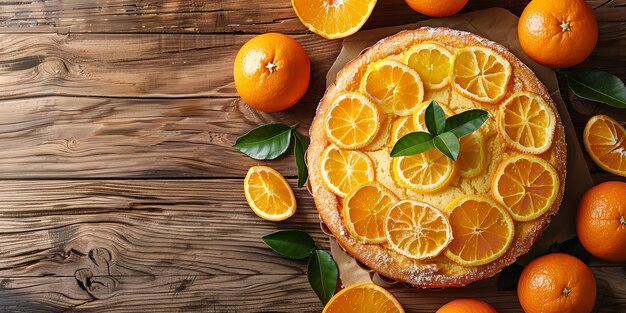 Z góry widok domowego mandarynowego pomarańczowego ciasta gąbkowego na białej płytce na drewnianej powierzchni z dużą przestrzenią na tle tekstu lub reklamy produktu Generatywna sztuczna inteligencja