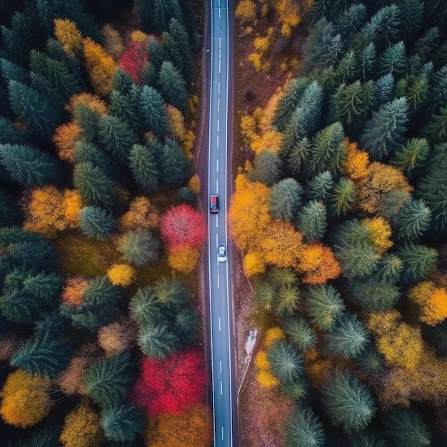 Z góry widok drona na jesieni kolorowy las z prostą drogą i samochodem Generative Ai