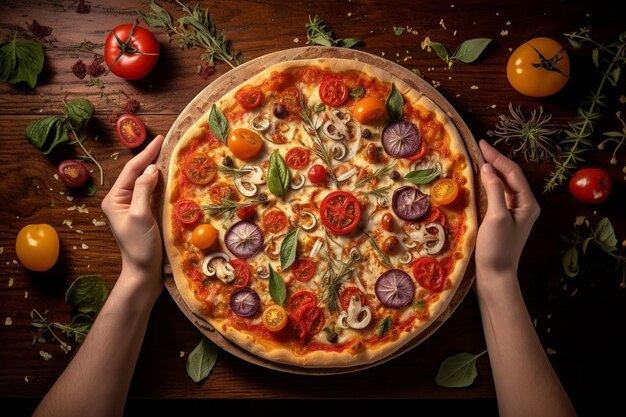 Z góry widok kobiety trzymającej kawałek pizzy pepperoni z oliwkowym grzybem pomidorowym i ziołami